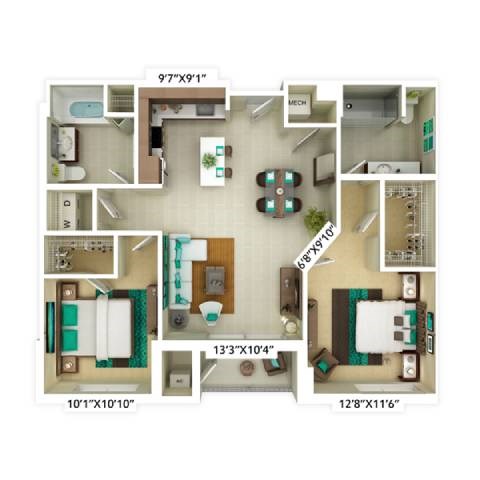 Floor plan for 2 beds, 2 baths, 1046 sqft