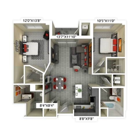 Floor plan for 2 beds, 2 baths, 1085 sqft