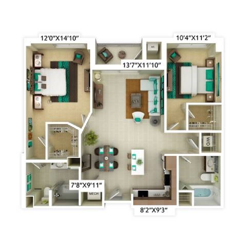 Floor plan for 2 beds, 2 baths, 1107 sqft