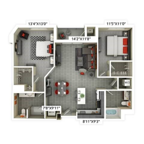 Floor plan for 2 beds, 2 baths, 1204 sqft