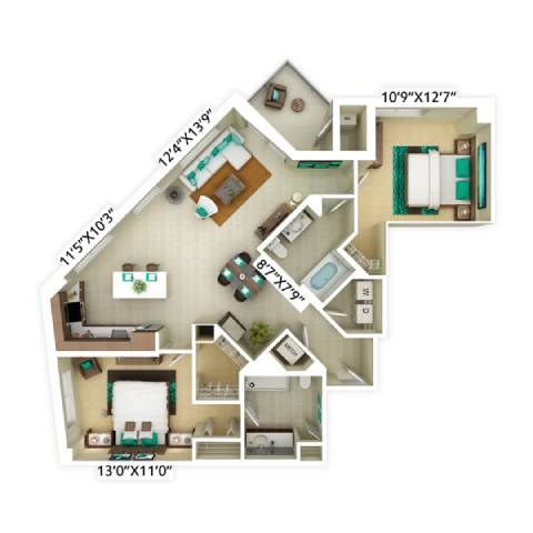 Floor plan for 2 beds, 2 baths, 1235 sqft
