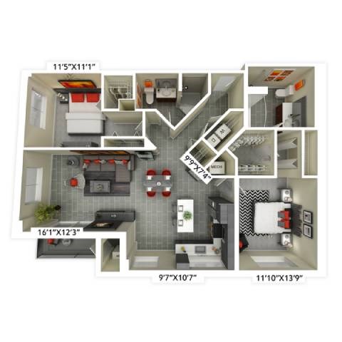 Floor plan for 2 beds, 2 baths, 1319 sqft