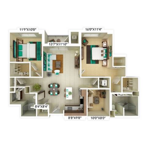 Floor plan for 2 beds, 2 baths, 1281 sqft