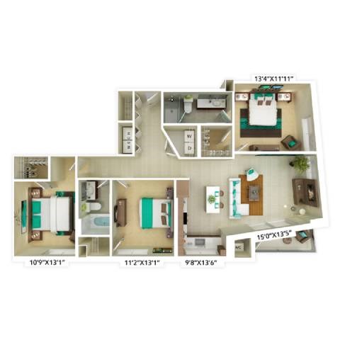 Floor plan for 3 beds, 2 baths, 1372 sqft