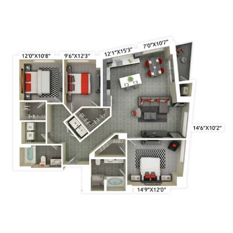 Floor plan for 3 beds, 2 baths, 1458 sqft