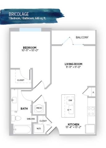 Floor plan for 1 bed, 1 bath, 646 sqft