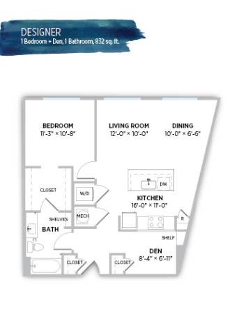 Floor plan for 1 bed, 1 bath, 832 sqft