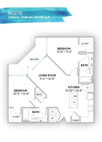Floor plan for 2 beds, 2 baths, 1014 sqft