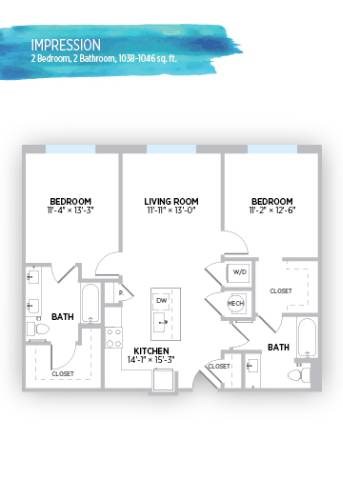 Floor plan for 2 beds, 2 baths, 1046 sqft