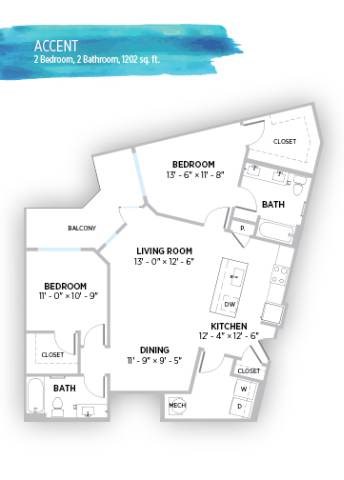 Floor plan for 2 beds, 2 baths, 1202 sqft