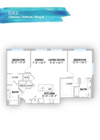 Floor plan for 2 beds, 2 baths, 1219 sqft