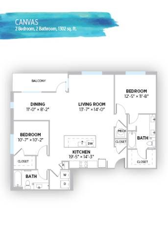 Floor plan for 2 beds, 2 baths, 1302 sqft