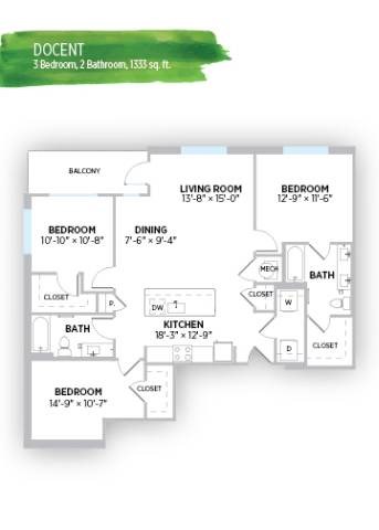 Floor plan for 3 beds, 2 baths, 1333 sqft