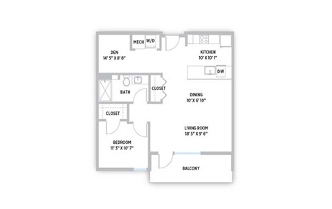 Floor plan for 1 bed, 1 bath, 831 sqft