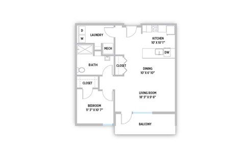 Floor plan for 1 bed, 1 bath, 831 sqft