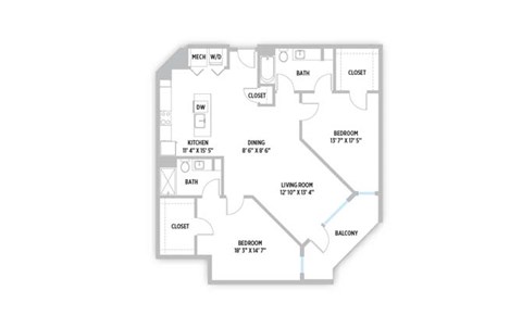 Floor plan for 2 beds, 2 baths, 1359 sqft