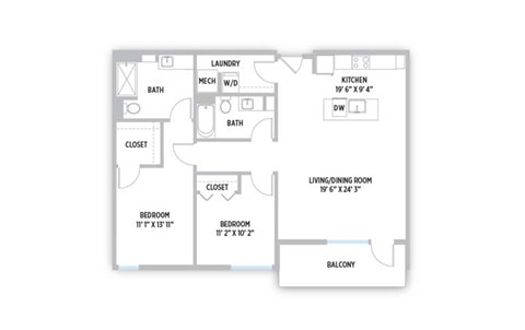 Floor plan for 2 beds, 2 baths, 1172 sqft