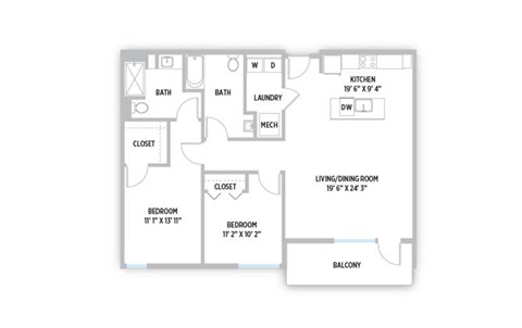 Floor plan for 2 beds, 2 baths, 1172 sqft