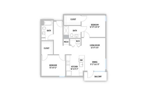 Floor plan for 2 beds, 2 baths, 1062 sqft