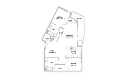 Floor plan for 2 beds, 2 baths, 1281 sqft