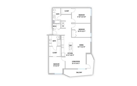 Floor plan for 3 beds, 2 baths, 1510 sqft