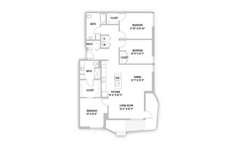 Floor plan for 3 beds, 2 baths, 1510 sqft
