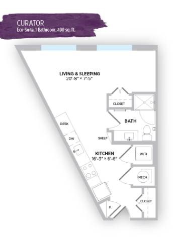 Floor plan for studio, 1 bath, 490 sqft