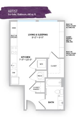 Floor plan for studio, 1 bath, 490 sqft