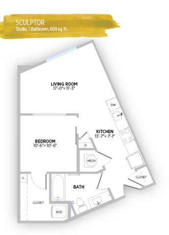 Floor plan for studio, 1 bath, 609 sqft