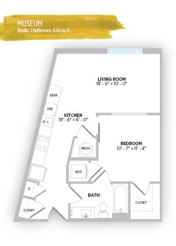 Floor plan for studio, 1 bath, 634 sqft