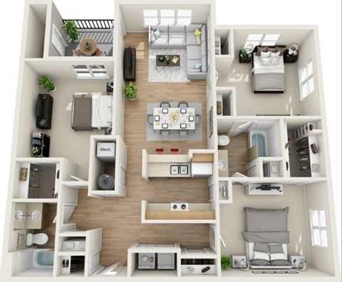 Floor plan for 3 beds, 2 baths, 1260 sqft