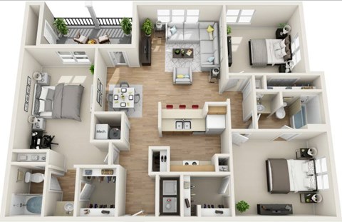 Floor plan for 3 beds, 2 baths, 1323 sqft