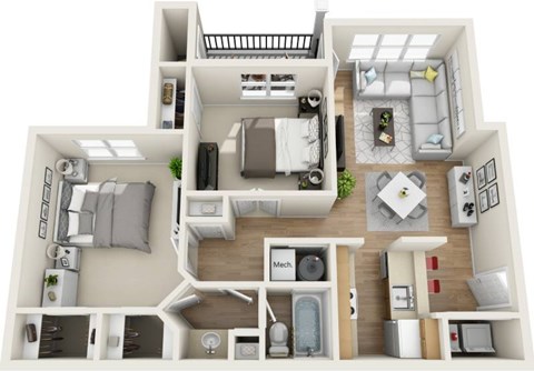 Floor plan for 2 beds, 1 bath, 889 sqft