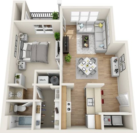 Floor plan for 1 bed, 1 bath, 672 sqft