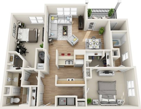 Floor plan for 2 beds, 2 baths, 1142 sqft