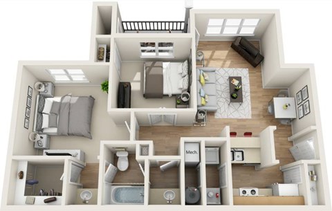 Floor plan for 2 beds, 1 bath, 980 sqft