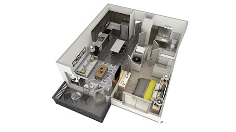 Floor plan for 1 bed, 1 bath, 648 sqft