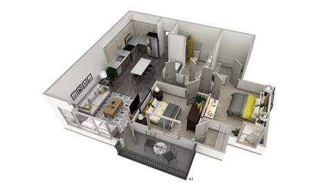Floor plan for 2 beds, 1 bath, 887 sqft