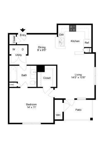 Floor plan for 1 bed, 1 bath, 743 sqft