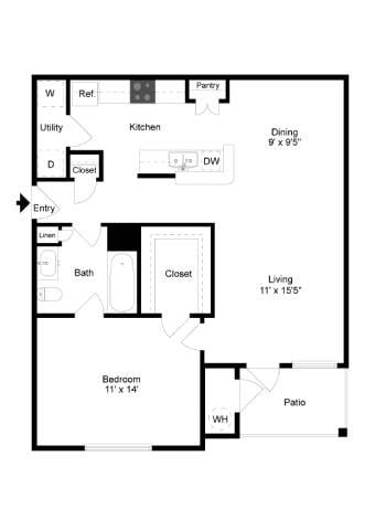 Floor plan for 1 bed, 1 bath, 780 sqft