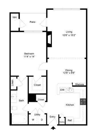 Floor plan for 1 bed, 1 bath, 838 sqft