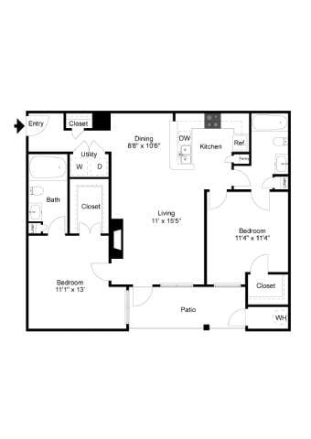 Floor plan for 2 beds, 2 baths, 1006 sqft