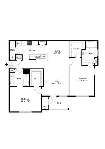 Floor plan for 2 beds, 2 baths, 1082 sqft