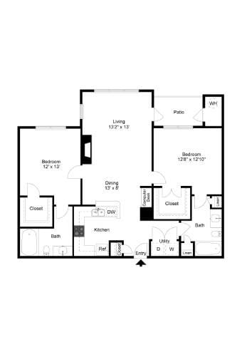 Floor plan for 2 beds, 2 baths, 1083 sqft