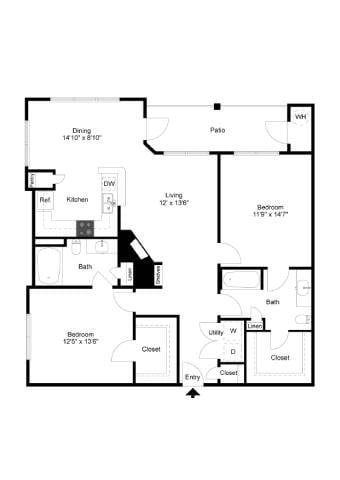 Floor plan for 2 beds, 2 baths, 1207 sqft