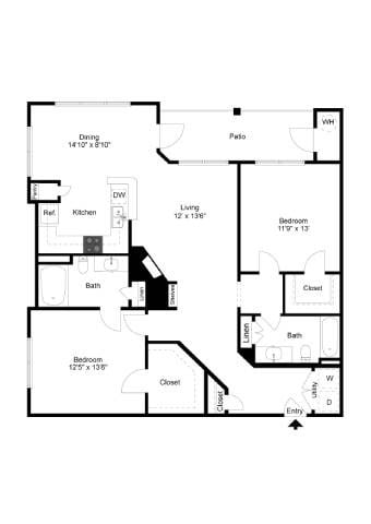 Floor plan for 2 beds, 2 baths, 1207 sqft