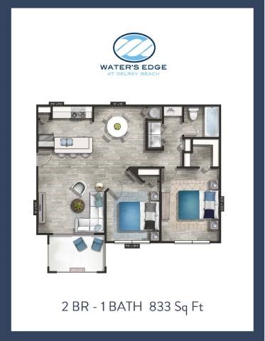 Floor plan for 2 beds, 1 bath, 833 sqft