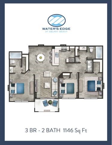 Floor plan for 3 beds, 2 baths, 1146 sqft