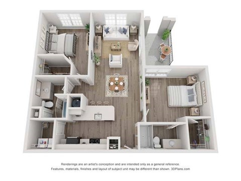 Floor plan for 2 beds, 2 baths, 1116 sqft