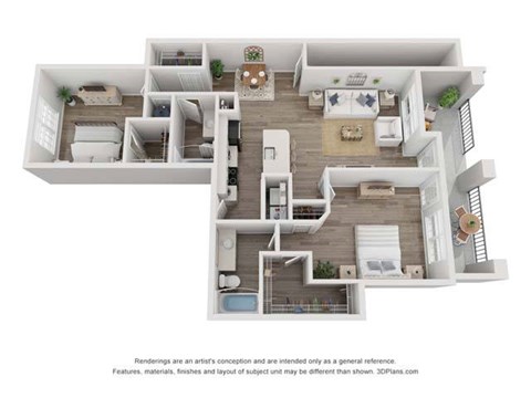 Floor plan for 2 beds, 2 baths, 1303 sqft
